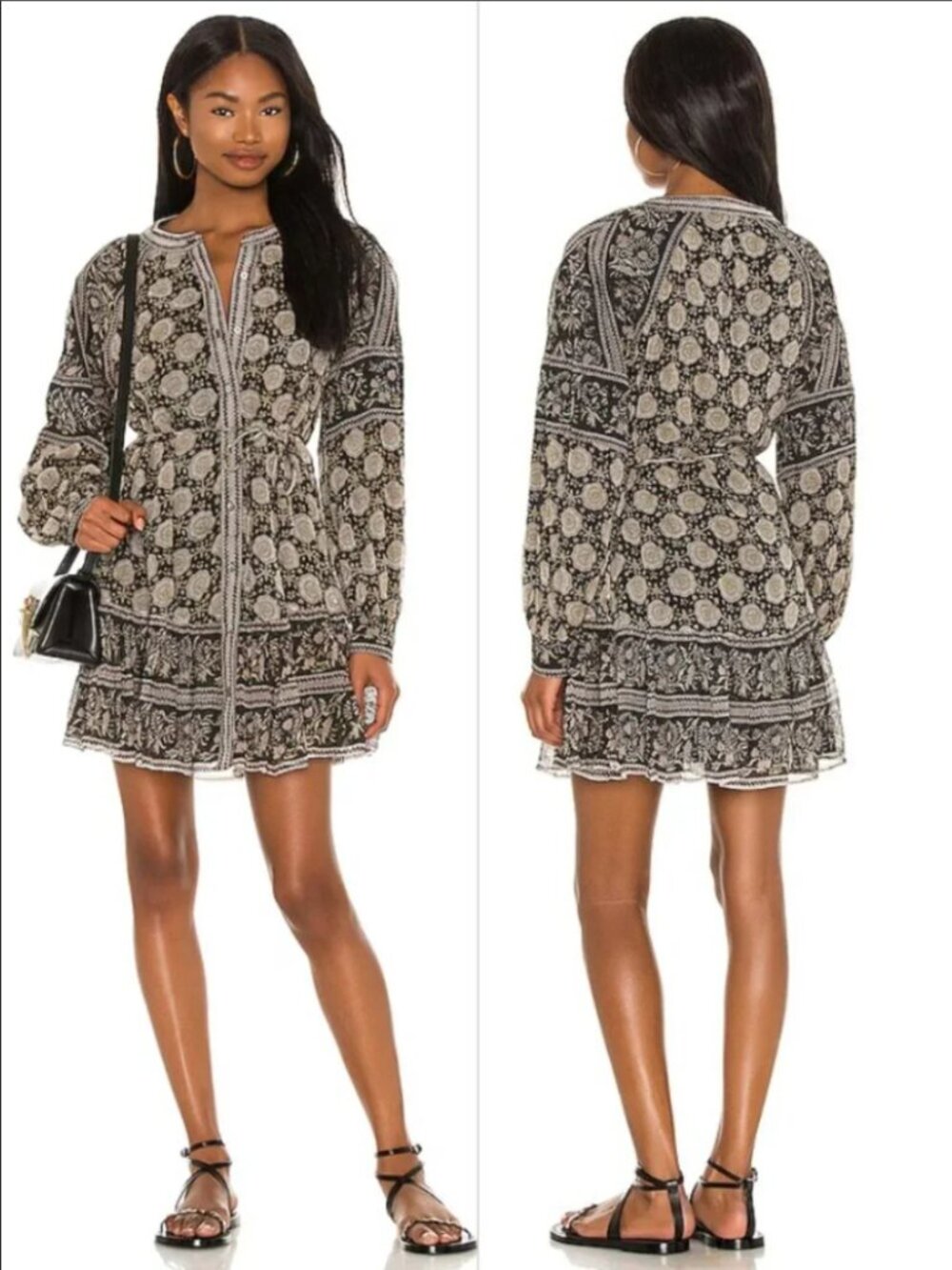 Cleobella Viola Block Print Black Tan Mini Dress Boho Button Front Tie Waist